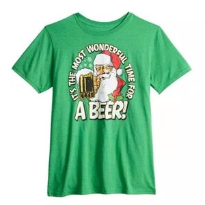 Kohl’s MAD Engine ✦ Holiday Tee ✦ Green Santa Likes Beer Too Christmas Shirt L